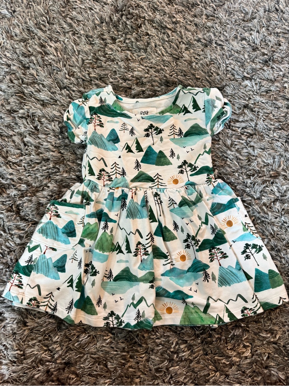 Little Sleepies White Dress with Green & Teal Mountain Print